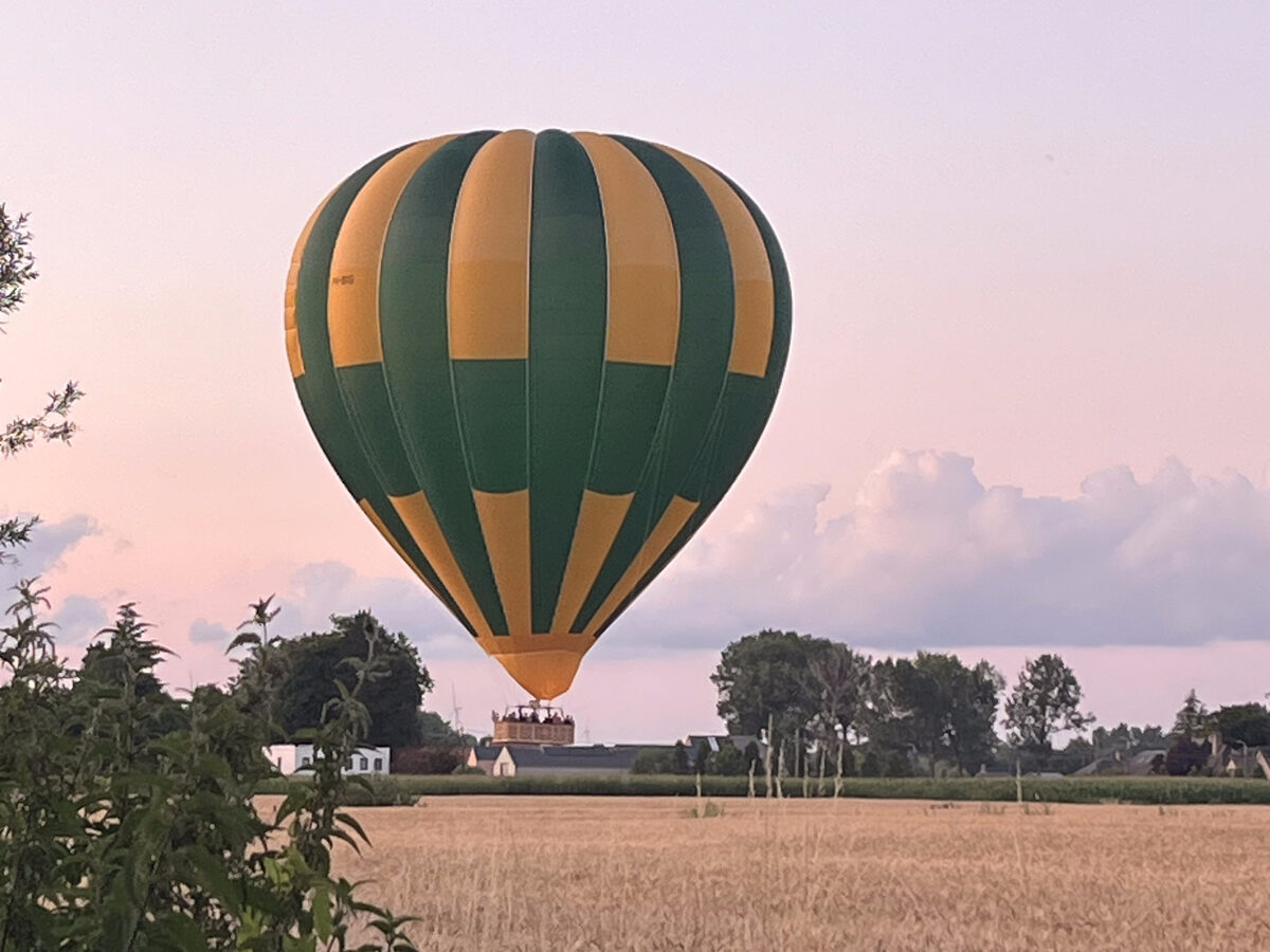Groen-gele luchtballon boven een korenveld in de avondschemering